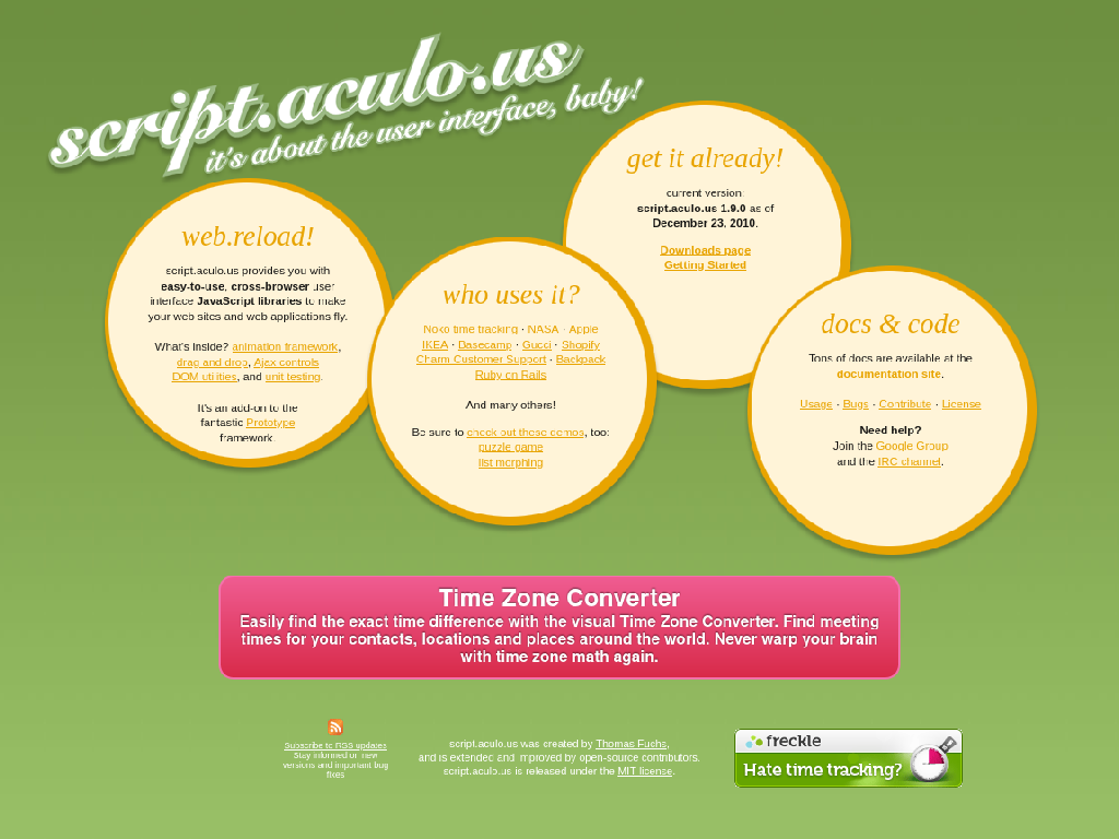 The homepage of script.aculo.us in December 2010 and also in August 2025
